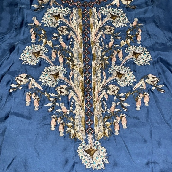 Sundance 100% Cupro Silk Floral Beaded Embroidered Tunic Blouse Blue Large - Picture 2 of 9